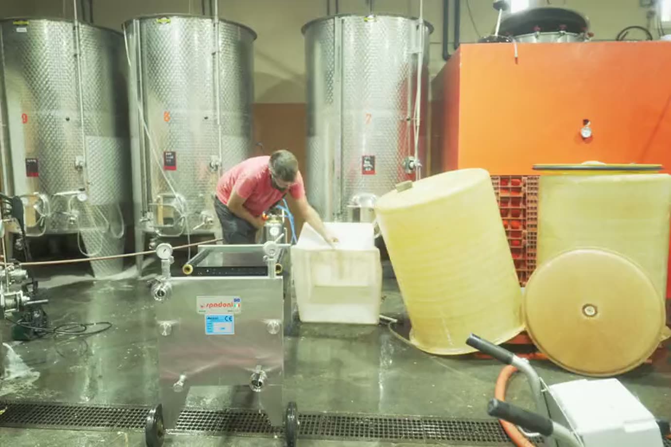 Chai en pleine activité : cuves inox, cuves plastiques et un opérateur au travail.
